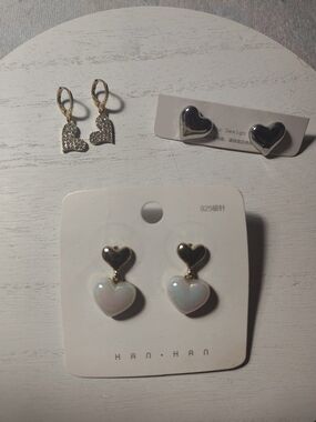 Gold and White Heart Drop Earrings